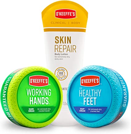 O’Keeffe’s Variety Pack Including Working Hands Hand Cream Jar, Healthy Feet Foot Cream Jar, and Skin Repair Body Lotion Tube